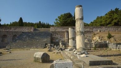 Ancient ruins with broken columns and stairs, surrounded by nature, Asklepios Temple, Asklipion,