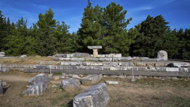 Stone ruins in the open air surrounded by trees, Doric temple, early Christian altar, Asklipion,