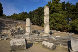 Two damaged columns stand in a historic site surrounded by trees, Asklepios Temple, Asklipion,