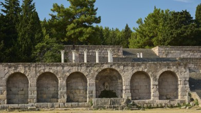 Wide angle view of ancient ruins and stone arches with dense forest in the background, retaining