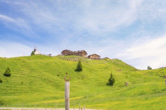 Wooden building on a green hill in front of a blue sky with white clouds, Alpe di Siusi, Dolomites,