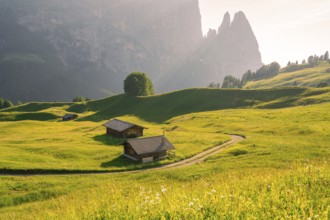 Idyllic mountain landscape with green meadows and small wooden huts in front of majestic mountains,