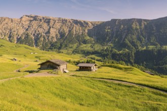 Alpine huts on a wide, sunlit meadow in front of steep mountain faces, Alpe di Siusi, Dolomites,