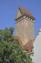Tower with clock from the former Emma-Jaeger-Bad, swimming pool built in 1911 in Art Nouveau style,