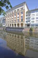 Melanchthonhaus with arcade built in 1914, reflection, Enz, river bank, Pforzheim, Northern Black