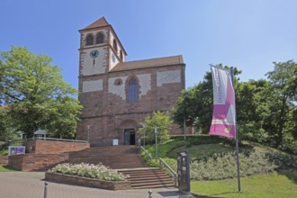 Late Gothic castle church with staircase and flag with inscription open church, St Michael,