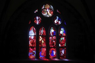 Red stained glass window, abstract art, arts and crafts, stained glass, black silhouette, interior