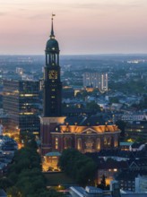 Aerial view of St Michael's Church (Michel) at sunset, Hamburg, Germany