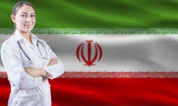 Female doctor on Iran flag. Doctor with crossed arms on Iran flag. Iran health and care concept