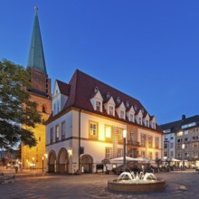 Old Market with Old Town Nicolai Church and TAM Theatre in the evening, Bielefeld, East