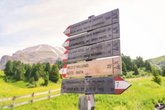 Several signposts give hikers orientation with picturesque mountain scenery, Alpe di Siusi, South