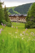 Hotel in the middle of a green landscape with surrounding forests and mountains, Alpe di Siusi,
