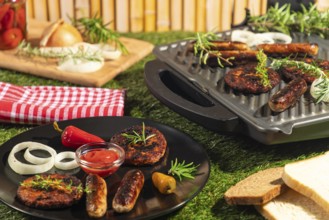 Various grilled dishes and spices on a plate and grill in the sunlight