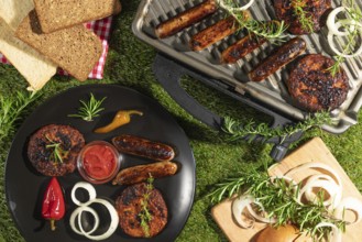 Grilled food with ketchup on a plate and grill, surrounded by bread and herbs