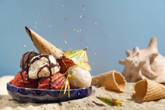 Various flavours of ice cream with chocolate sauce, crumble and parasol on sand with shells