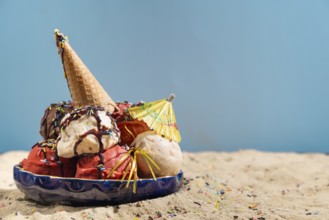 Various flavours of ice cream with chocolate sauce, crumble and parasol on sand