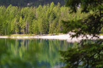 A peaceful lake with surrounding forest and reflections in the water, Pragser Wildsee, South Tyrol,
