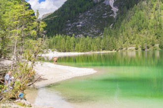 Peaceful landscape with lake and beach, surrounded by forest and mountains, Pragser Wildsee, South