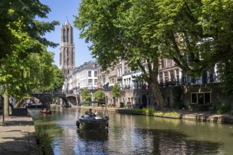 The old town centre of Utrecht, Oudegracht, around 2 km long with many old houses, cathedral tower,