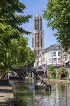 The old town centre of Utrecht, Oudegracht, around 2 km long with many old houses, cathedral tower,