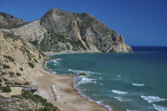 Beach, Kavo Paradiso, Paradise Beach, bay with sandy beach, surrounded by rocky coast and blue sea,