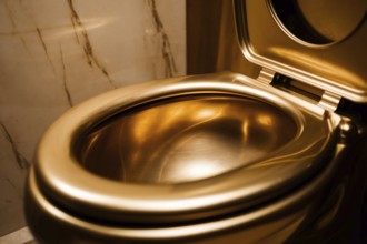 Luxurious glden toilet bowl against marble tiles. Concept for excessive decadent wealth. Generative