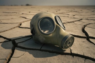 Gas mask on cracked earth. Symbol of environmental collapse and human vulnerability. Generative ai,