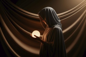 Side profile of hooded figure holding glowing orb in warm mystical light. Ethereal and