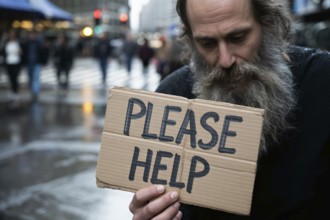 Close up of homeless man holding Please help sign on busy city street. Generative ai, AI generated