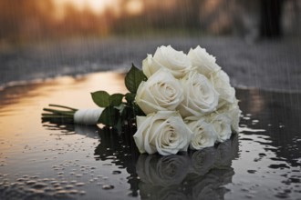 White rose wedding bouquet in puddle during heavy rain. Dramatic image symbolizes heartbreak and