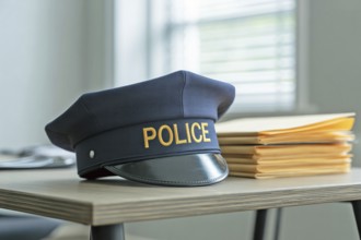 Navy police hat on wooden desk in modern office. Symbol of law enforcement, authority, and