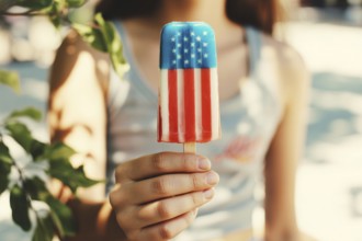 Woman holding melting American flag colored popsicle on sunny beach symbolizing summer and