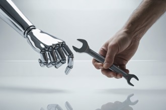 Robot hand and man'S hand with wrench work tool. Symbolic concept of AI assisting human labor.