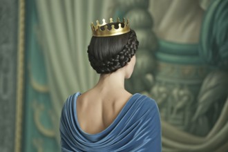 Back view of woman in golden crown. Elegant portrait symbolizes female empowerment and female