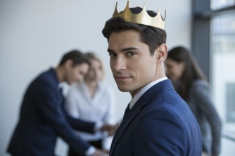 Young man in suit wearing crown in modern office. Portrait highlights male authority and subtle