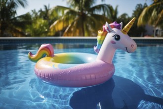 Colorful unicorn pool float drifting in sunny tropical pool. Playful summer scene captures leisure,