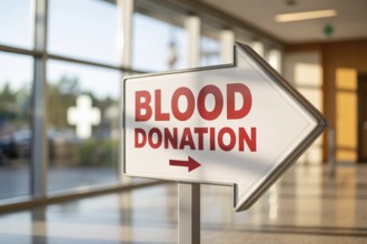 White directional arrow sign with red Blood Donation text inside a hospital. Generative Ai, AI