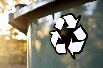 Close-up of recycling symbol sticker on weathered green garbage can. Warm sunlight filters through