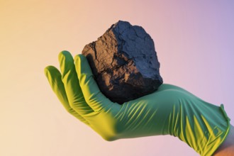 Green glove holding coal. A symbolic image critiquing greenwashing and environmental hypocrisy.