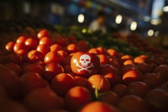 Poison skull painted on tomato highlights hidden pesticide danger in everyday produce. Generative