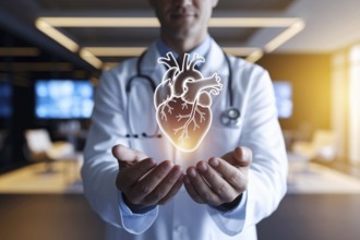 Male doctor holding glowing virtual human heart hologram in modern medical office or research