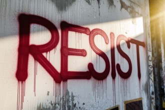 Urban resistance graffiti in bold red letters on sunlit concrete wall. Generative ai, AI generated
