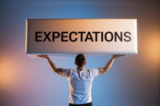 Back view of man straining under reflective block labeled expectations in front of studio