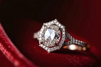 Close-up of diamond ring with large gem stone on red velvet with soft warm lighting and luxurious