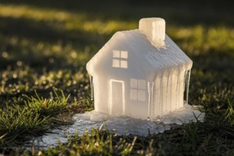 Melting ice cube house on grass under sun, symbolizing air conditioning, climate change, and
