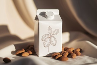 Photorealistic almond milk carton with hand-drawn almond branch illustration and no text in warm