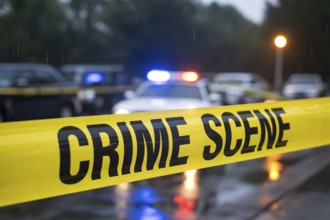 Close up of yellow crime scene tape with water droplets stretches across a rainy street with police