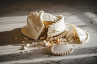 Shattered wedding cake in pieces on pristine marble floor under warm indoor lighting. Generative