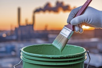 A green paint bucket with brush in industrial setting. Symbol of greenwashing in corporate