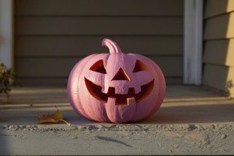 Pink spray-painted Halloween pumpkin with carved face on front porch Generative ai, AI generated